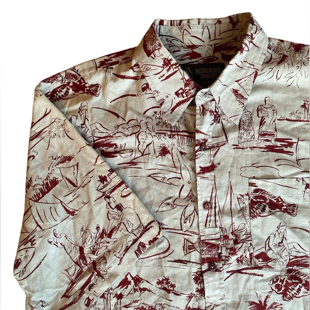 Hinano Tahiti Taupe & Red Tahitian Short Sleeve Button Down Shirt, Men’s XL
